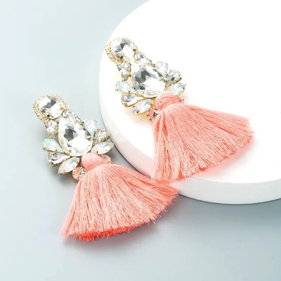 2/$24 Crystal & Coral Pink Tassel Drop Earrings Statement Jewelry - Picture 1 of 9